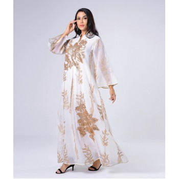 Middle East Abaya Sparkle Sequins Embroidery Dubai Jalabiya Long Sleeves Modest Hijab White Orange Green